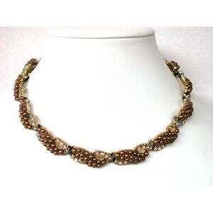 Vintage Brown Spiral  Beaded Necklace With Rhinestone Accents